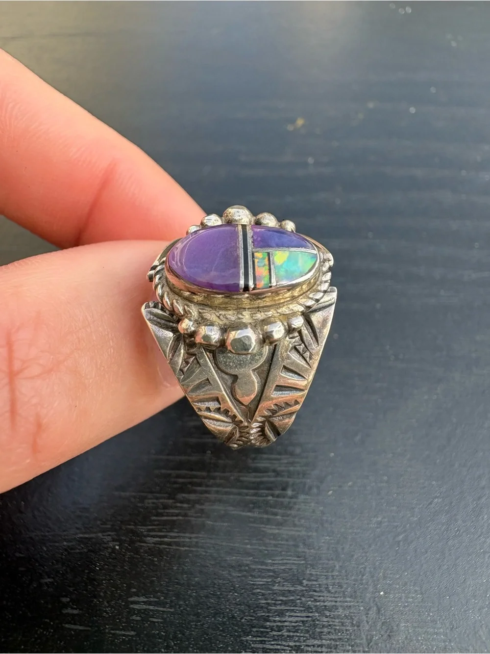 LP (Loren Philips) Native American Sterling Silver Purple Mosaic Ring - Size 8